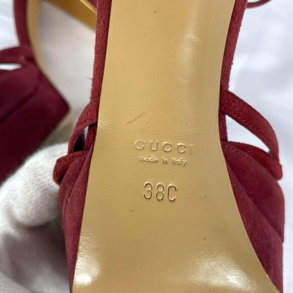 Gucci Red Suede Peep Toe Bow Accent Strappy Platform 5" Heels, EU 38/US 7.5, VTG - Picture 9 of 9